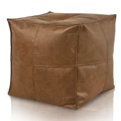 Marron Pouf Cube Avec Coutures - Cuir Naturel Premium