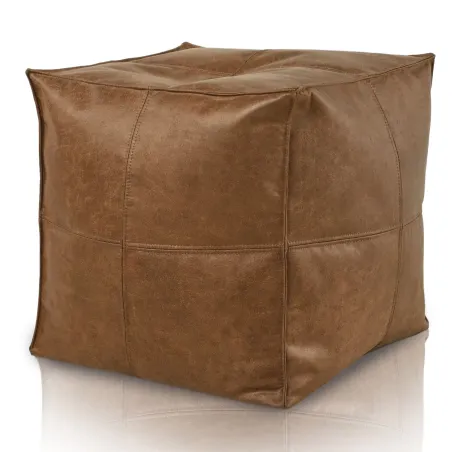 Marron Pouf Cube Avec Coutures - Cuir Naturel Premium