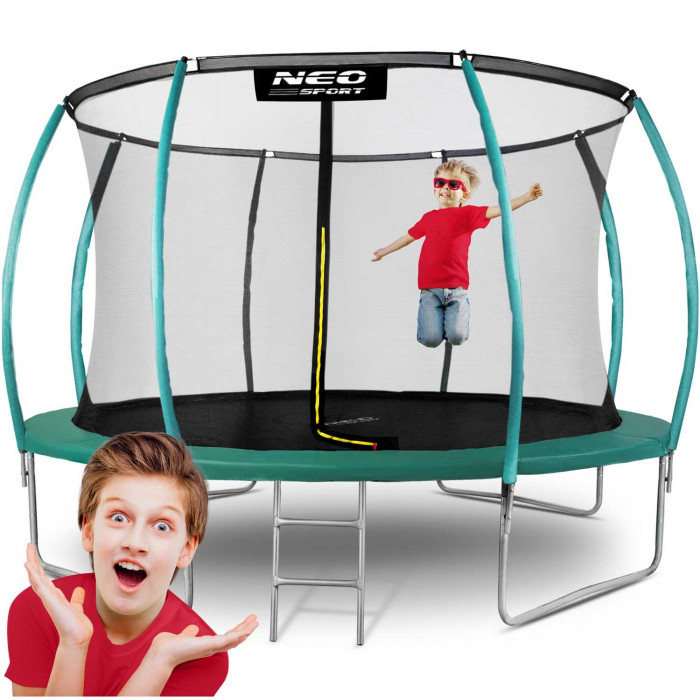 Trampoline de jardin 12ft/374cm avec filet, poteaux profilés et échelle Neo-Sport.