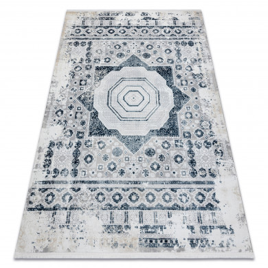 Tapis moderne DUKE 51542 crème / bleu - Rosette vintage, structuré, très doux, franges