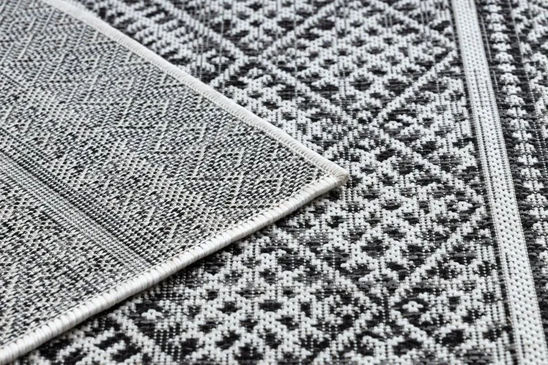 Tapis SISAL SION ZIGZAG, Diamants Boho 22168 tissé à plat noir / ecru