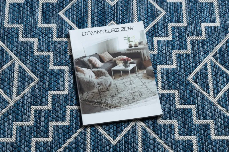 Tapis SISAL SION Géométrique, Diamants 21778 tissé à plat bleu foncé / ecru