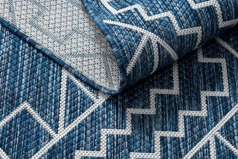 Tapis SISAL SION Géométrique, Diamants 21778 tissé à plat bleu foncé / ecru