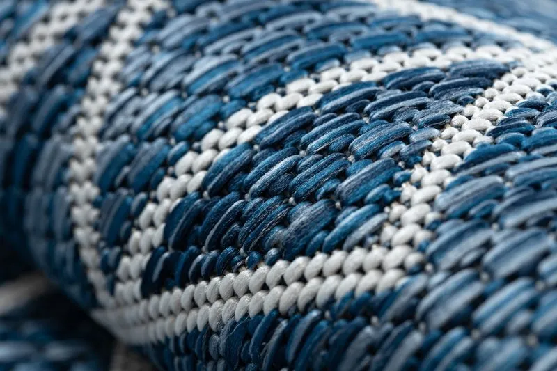 Tapis SISAL SION Géométrique, Diamants 21778 tissé à plat bleu foncé / ecru