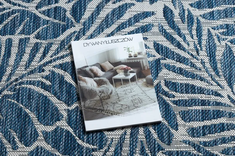 Tapis SISAL SION Feuilles 22151 tissé à plat ecru / bleu foncé
