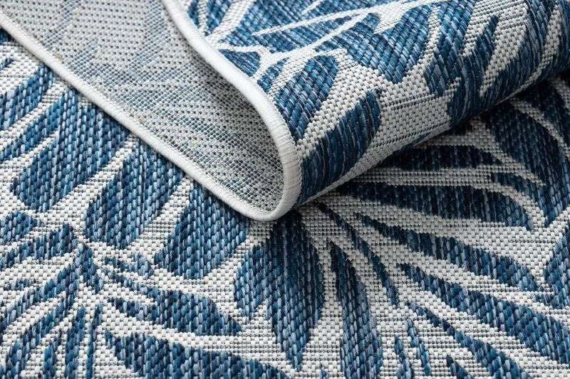 Tapis SISAL SION Feuilles 22151 tissé à plat ecru / bleu foncé