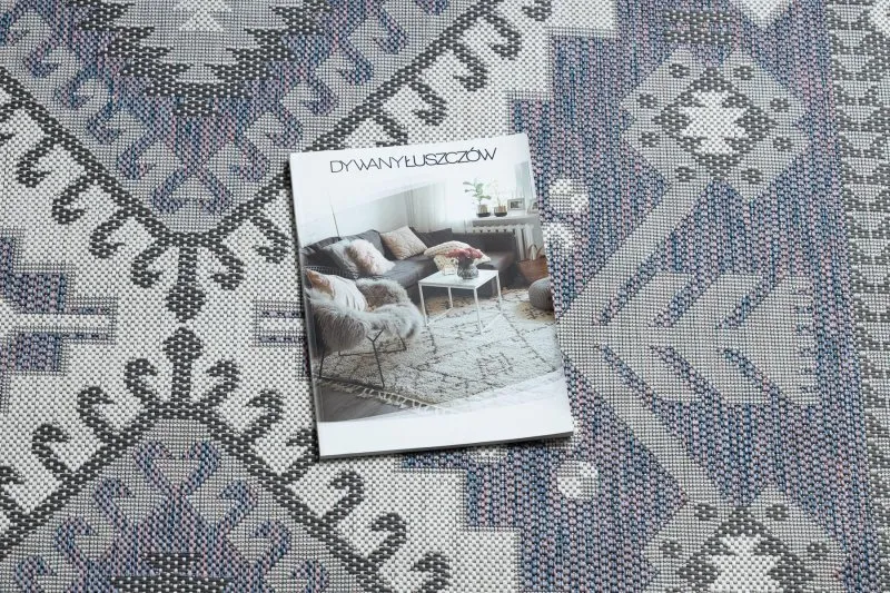 Tapis SISAL SION aztèque 3007 tissé à plat bleu / rose / ecru