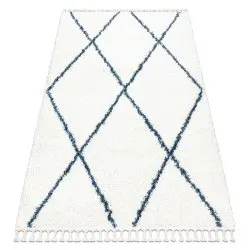 Tapis UNION 3683 Treillis crème et bleu Franges berbère marocain shaggy