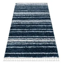 Tapis UNION 4080 Rayures bleu et crème Franges berbère marocain shaggy