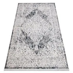 Tapis moderne REBEC franges 51122A - deux niveaux de molleton crème / bleu foncé