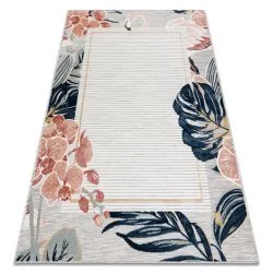 Tapis Structurel BOTANIC 65240 Flamant rose, feuilles tissé à plat sur balcon, terrasse - gris