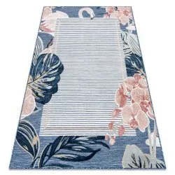 Tapis Structurel BOTANIC 65240 Flamant rose, feuilles tissé à plat sur balcon, terrasse - bleu foncé