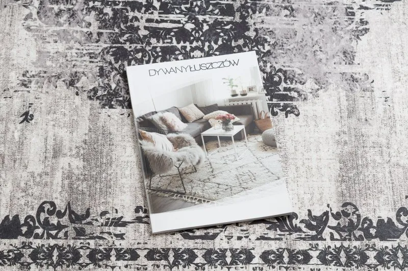 Tapis lavable ANDRE 1187 Ornement, vintage antidérapant - noir et blanc