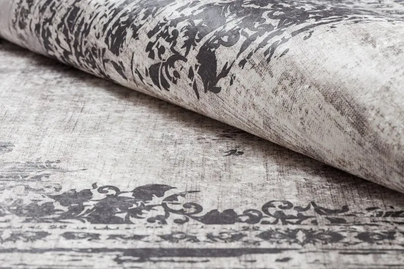 Tapis lavable ANDRE 1187 Ornement, vintage antidérapant - noir et blanc
