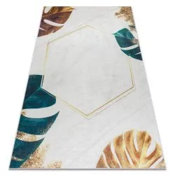 Tapis lavable ANDRE 1150 Feuilles de monstère, cubes antidérapant - blanc / or