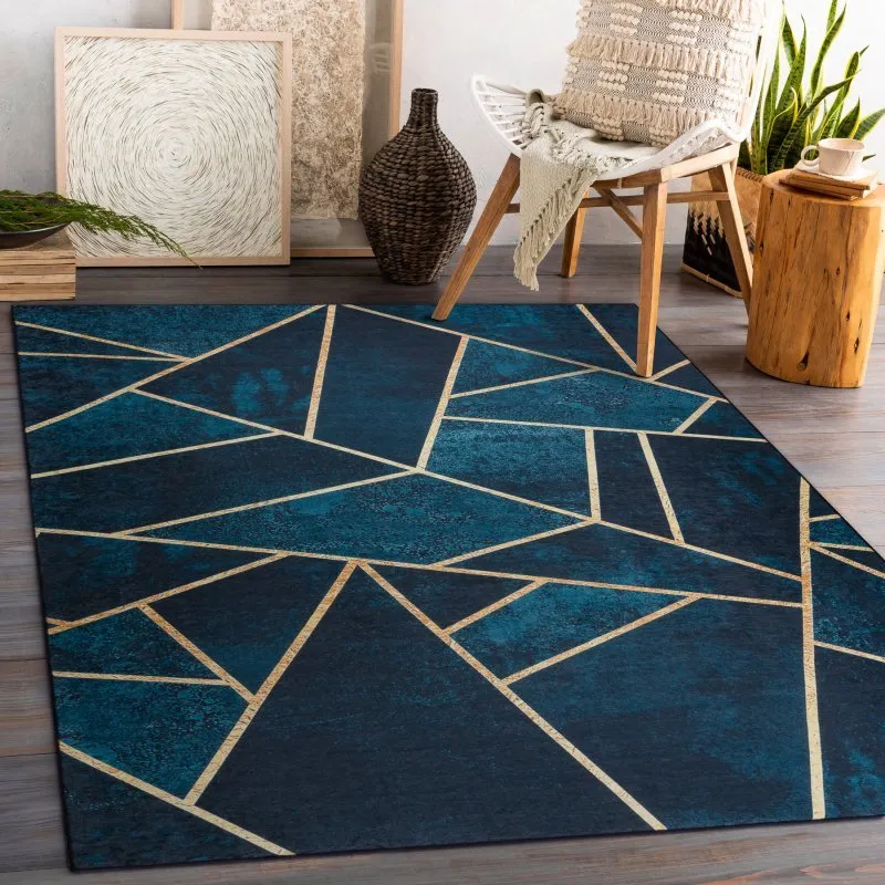 Tapis lavable ANDRE 1173 mosaïque, géométrique antidérapant - turquoise / or