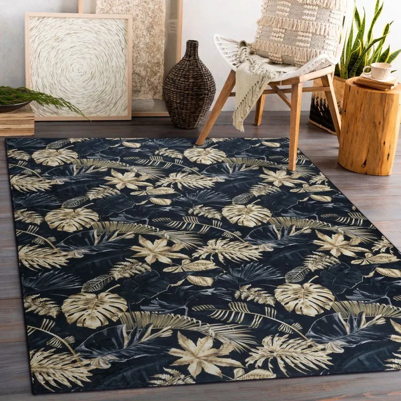Tapis lavable ANDRE 1311 Feuilles de monstère antidérapant - noir / or