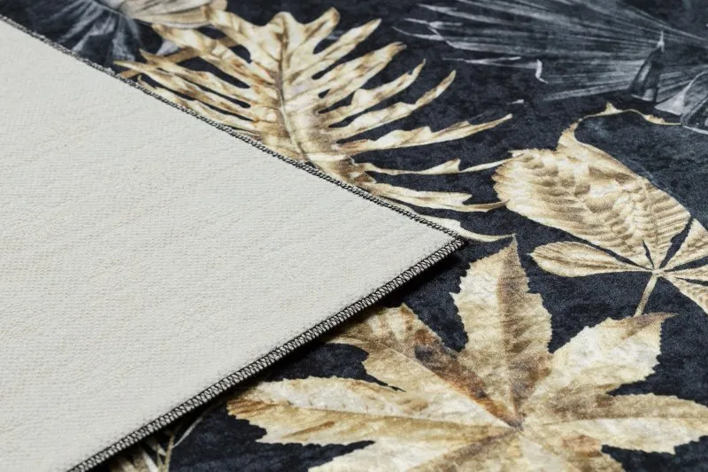 Tapis lavable ANDRE 1311 Feuilles de monstère antidérapant - noir / or