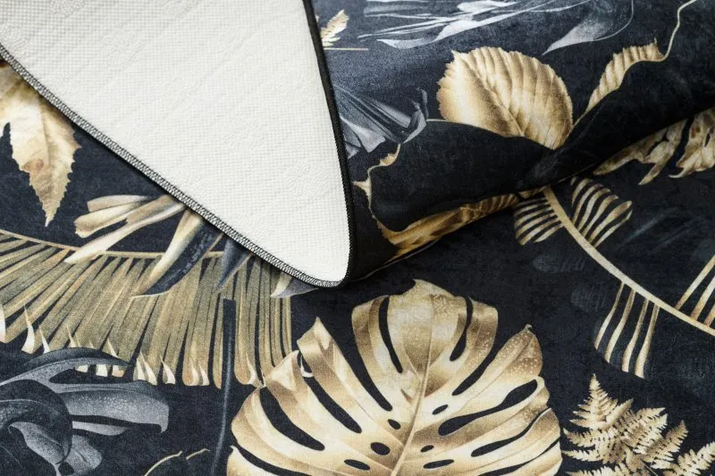 Tapis lavable ANDRE 1311 Feuilles de monstère antidérapant - noir / or