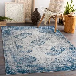 Tapis lavable ANDRE 1819C Rosette, vintage antidérapant - beige at bleu