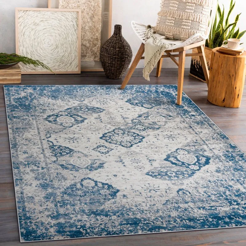 Tapis lavable ANDRE 1819C Rosette, vintage antidérapant - beige at bleu