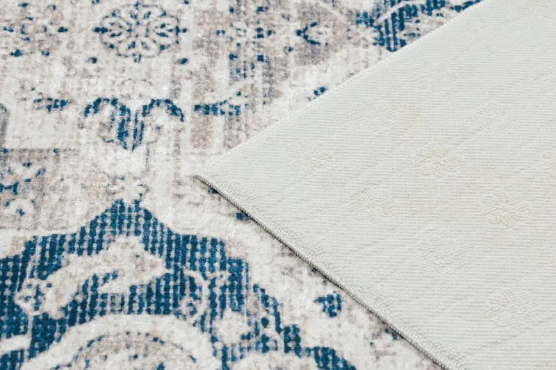 Tapis lavable ANDRE 1819C Rosette, vintage antidérapant - beige at bleu
