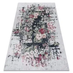Tapis lavable ANDRE 1816D fleurs vintage antidérapant - blanc / rouge