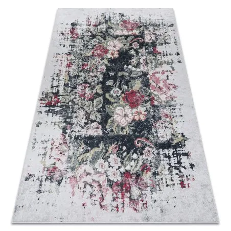 Tapis lavable ANDRE 1816D fleurs vintage antidérapant - blanc / rouge