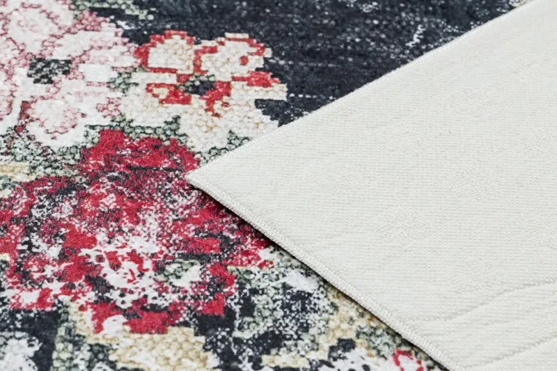Tapis lavable ANDRE 1816D fleurs vintage antidérapant - blanc / rouge