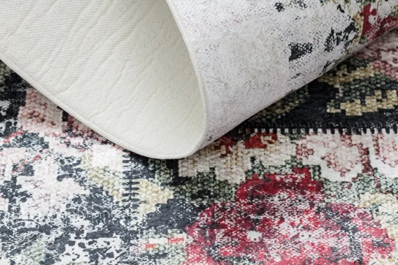 Tapis lavable ANDRE 1816D fleurs vintage antidérapant - blanc / rouge