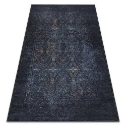 Tapis lavable ANDRE 1058 Ornement, vintage antidérapant - noir et bleu