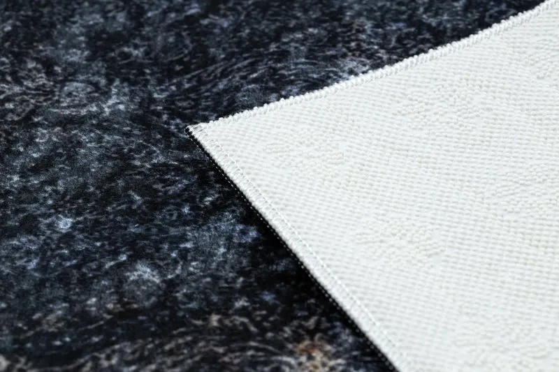 Tapis lavable ANDRE 1058 Ornement, vintage antidérapant - noir et bleu
