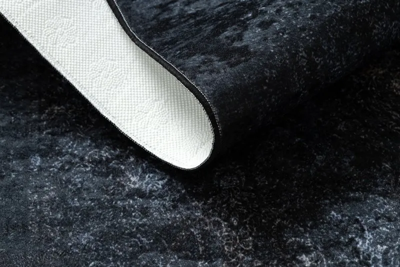 Tapis lavable ANDRE 1058 Ornement, vintage antidérapant - noir et bleu