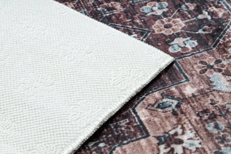 Tapis lavable ANDRE 1826 Ornement, vintage antidérapant - marron et bleu
