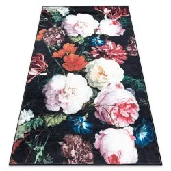 Tapis lavable ANDRE 1629 fleurs vintage antidérapant - noir et rose