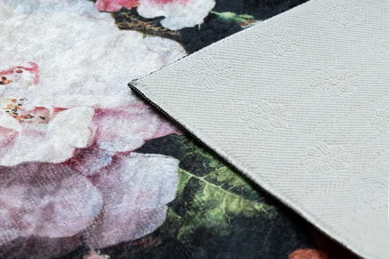 Tapis lavable ANDRE 1629 fleurs vintage antidérapant - noir et rose