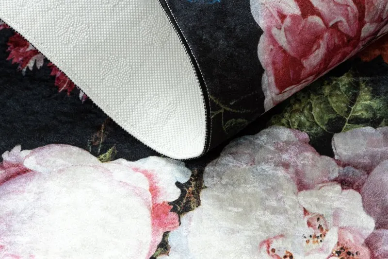 Tapis lavable ANDRE 1629 fleurs vintage antidérapant - noir et rose