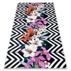 Tapis lavable ANDRE 2300 fleurs, zigzag antidérapant - noir et blanc