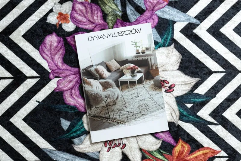 Tapis lavable ANDRE 2300 fleurs, zigzag antidérapant - noir et blanc