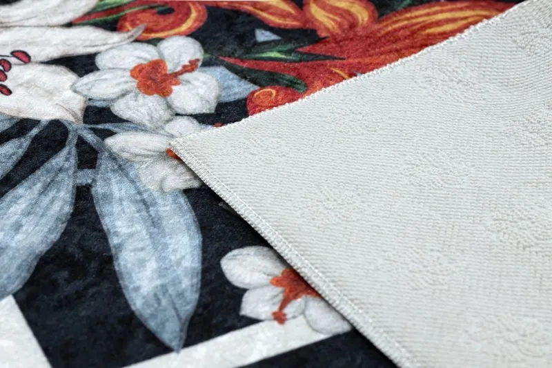 Tapis lavable ANDRE 2300 fleurs, zigzag antidérapant - noir et blanc