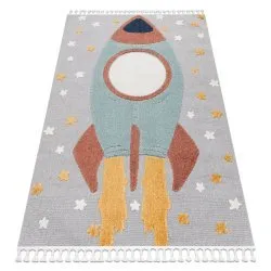 Tapis YOYO GD55 gris / bleu - étoiles, la roquette en peluche pour enfants, structurelles et sensorielles Franges