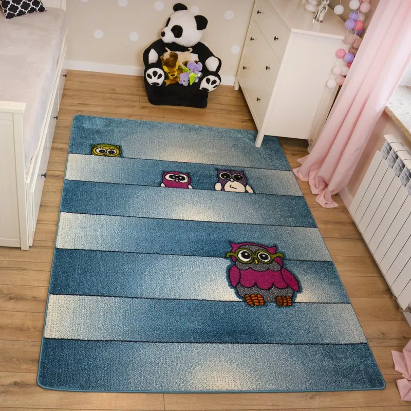 Tapis bleu pour enfants avec hiboux, un ajout stylé pour la chambre d'enfant