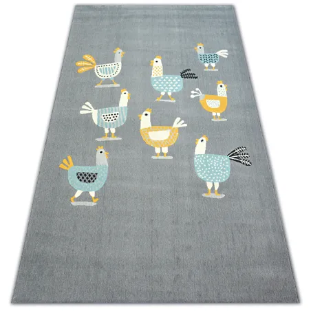 Tapis moderne gris et turquoise avec motif de volailles, parfait pour les intérieurs stylés