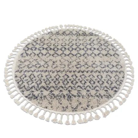 Tapis shaggy cercle crème et gris avec franges berbères marocaines