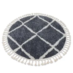 Tapis BERBER CROSS B5950 cercle gris et blanc Franges berbère marocain shaggy