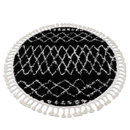 Tapis rond noir et blanc avec franges berbères
