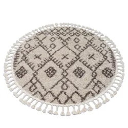 Tapis BERBER TANGER B5940 cercle crème et marron Franges berbère marocain shaggy