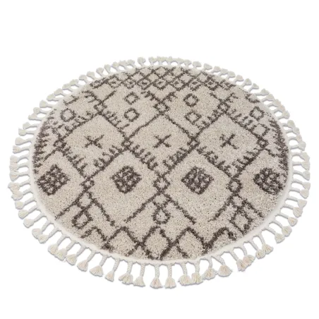 Tapis rond crème et marron avec franges, style berbère, shaggy