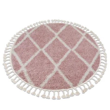 Tapis rond rose et blanc avec franges berbères