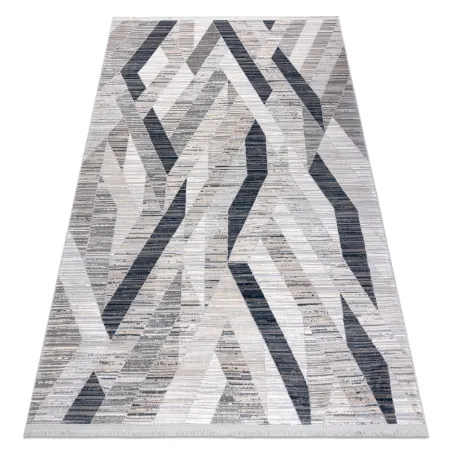 Tapis moderne REBEC bleu marine avec franges, design géométrique à deux niveaux